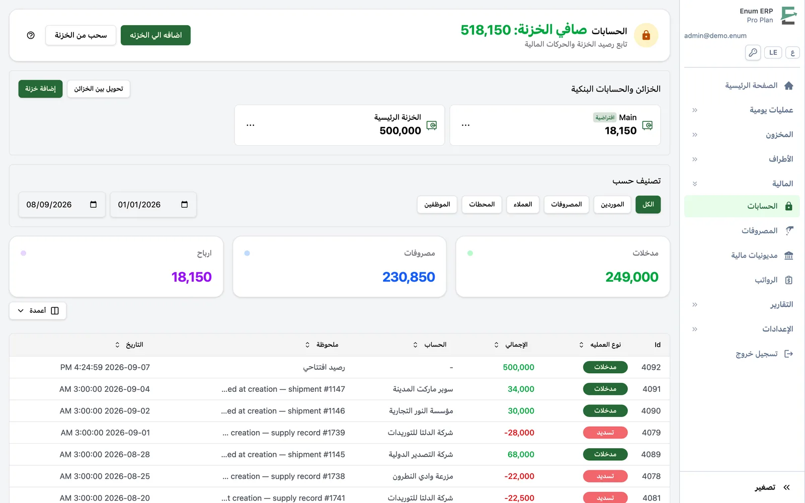 Accounting screen with treasury and transactions
